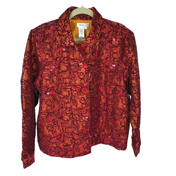 Coldwater Creek Red Tonal Scroll Embellished Jacket Top Button Blazer 1X Vintage - Picture 1 of 5
